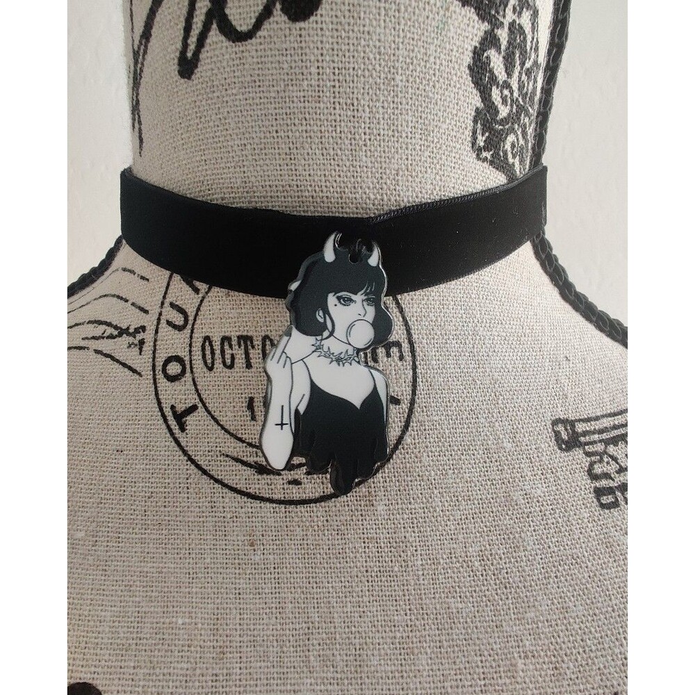 Devil witchy Goth girl Middle Finger "F You" Hand crafted velvet choker necklace